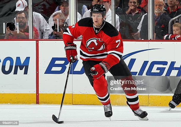 Paul Martin of the New Jersey Devils skates against the Philadelphia Flyers in Game 5 of the Eastern Conference Quarterfinals during the 2010 NHL...