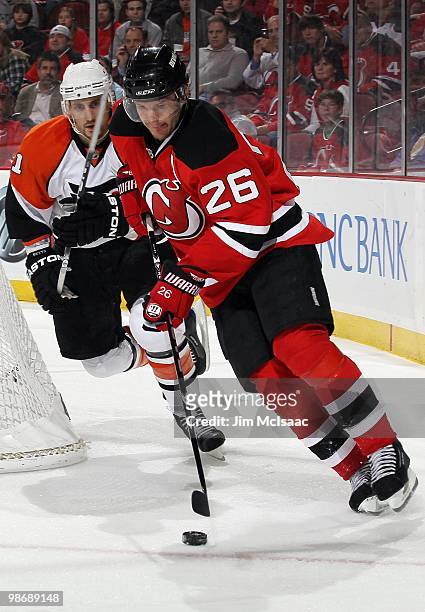 Patrik Elias of the New Jersey Devils skates against the Philadelphia Flyers in Game 5 of the Eastern Conference Quarterfinals during the 2010 NHL...