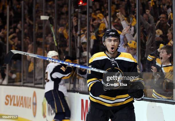 Miroslav Satan of the Boston Bruins celebrates his game winning goal in the third period against the Buffalo Sabres in Game Six of the Eastern...