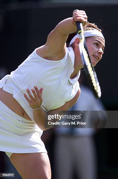 Virginia Ruano Pascual of Spain on her way to victory over number one seed Martina Hingis of Switzerland during the womens first round of The All...