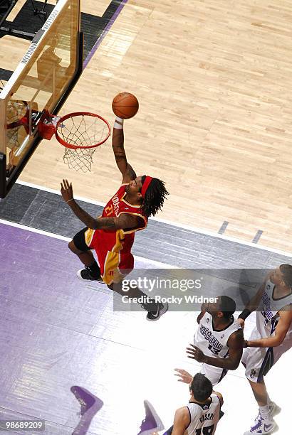 Jordan Hill of the Houston Rockets goes to the hoop during the game against the Sacramento Kings at Arco Arena on April 12, 2010 in Sacramento,...