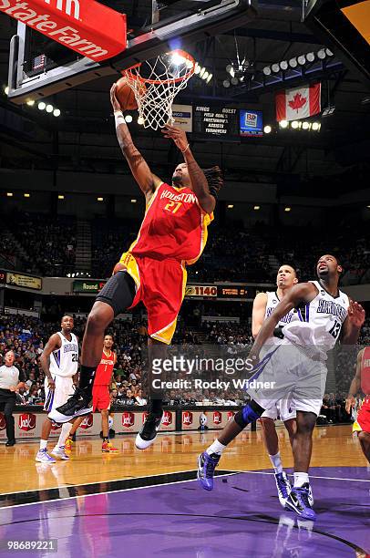 Jordan Hill of the Houston Rockets goes for a layup during the game against the Sacramento Kings at Arco Arena on April 12, 2010 in Sacramento,...