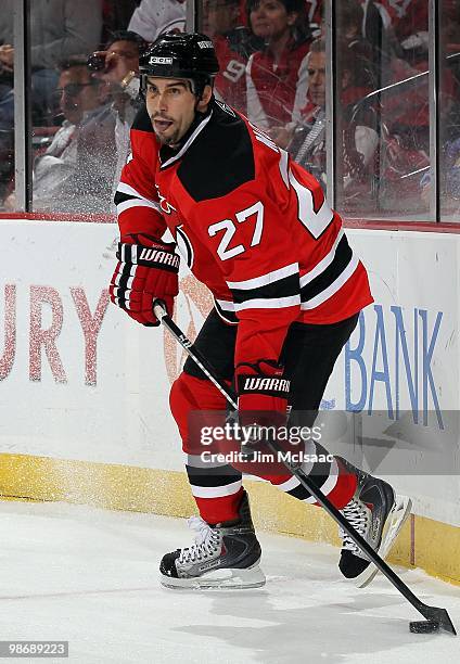 Mike Mottau of the New Jersey Devils skates against the Philadelphia Flyers in Game 5 of the Eastern Conference Quarterfinals during the 2010 NHL...