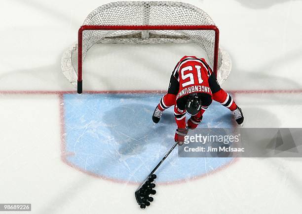 Jamie Langenbrunner of the New Jersey Devils warms up before playing against the Philadelphia Flyers in Game 5 of the Eastern Conference...