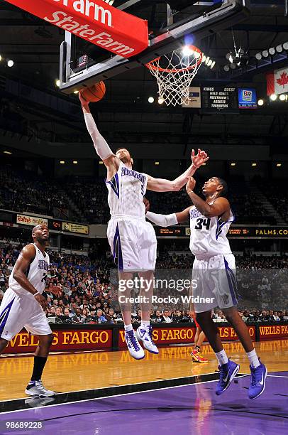 Andres Nocioni of the Sacramento Kings rebounds during the game against the Houston Rockets at Arco Arena on April 12, 2010 in Sacramento,...