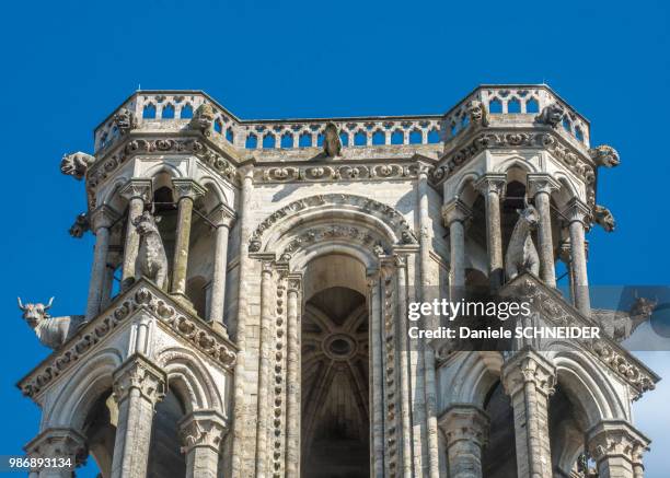 france, aisne, laon, way of st james, notre-dame cathedral, statues of bullorcks on a tower - laon imagens e fotografias de stock