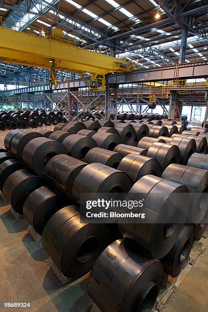Rolled steel is stacked at Hyundai Steel Co.'s plant in Dangjin, South Korea, on Friday, April 23, 2010. Hyundai Steel Co., South Korea's...