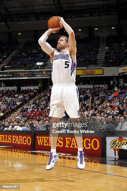 Andres Nocioni of the Sacramento Kings takes a jump shot during the game against the Houston Rockets at Arco Arena on April 12, 2010 in Sacramento,...