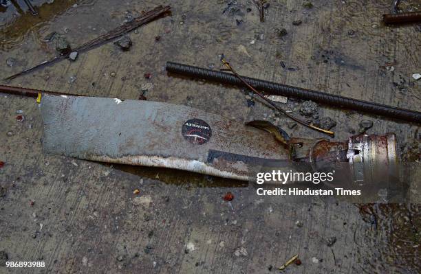 The wreckage of Beechcraft King Air C90 turboprop at Old Malik Estate, Jeev Daya Lane, near a telephone exchange at Ghatkopar , on June 28, 2018 in...