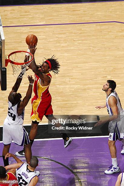 Jordan Hill of the Houston Rockets shoots against the Sacramento Kings at Arco Arena on April 12, 2010 in Sacramento, California. The Rockets won...