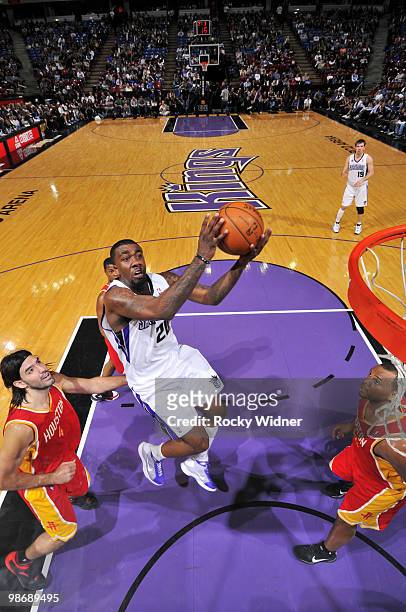 Donte Greene of the Sacramento Kings goes to the hoop during the game against the Houston Rockets at Arco Arena on April 12, 2010 in Sacramento,...