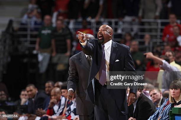 Head Coach Mike Woodson of the Atlanta Hawks yells from the sidelines against the Milwaukee Bucks in Game Four of the Eastern Conference...