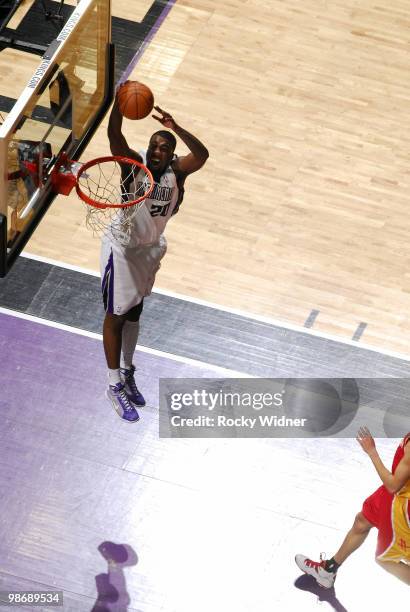 Donte Greene of the Sacramento Kings goes to the hoop for a dunk during the game against the Houston Rockets at Arco Arena on April 12, 2010 in...