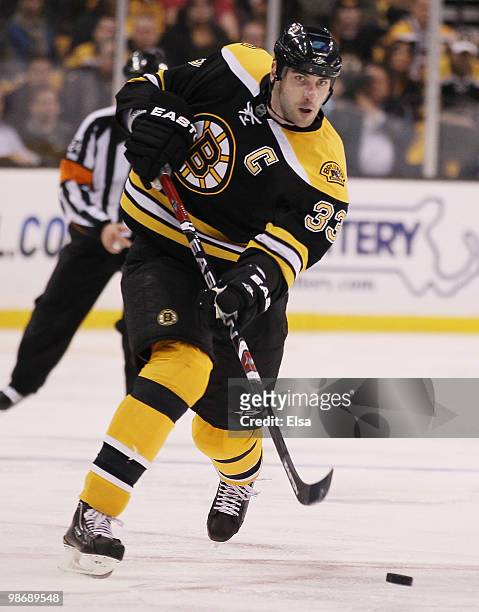 Zdeno Chara of the Boston Bruins passes the puck in the third period against the Buffalo Sabres in Game Six of the Eastern Conference Quarterfinals...