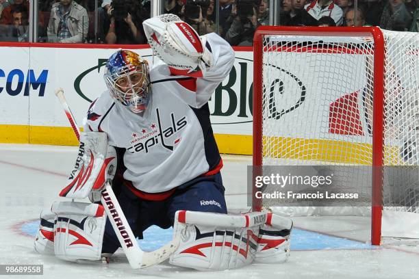 Semyon Varlamov of the Washington Capitals fails to stop the puck in Game Six of the Eastern Conference Quarterfinals during the 2010 NHL Stanley Cup...