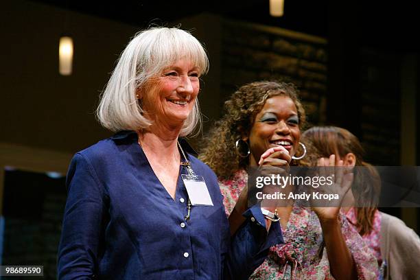 Kathleen Chalfant and Quincy Tyler Bernstein take a bow during curtain call at the opening night of "Family Week" at Lucille Lortel Theatre on April...