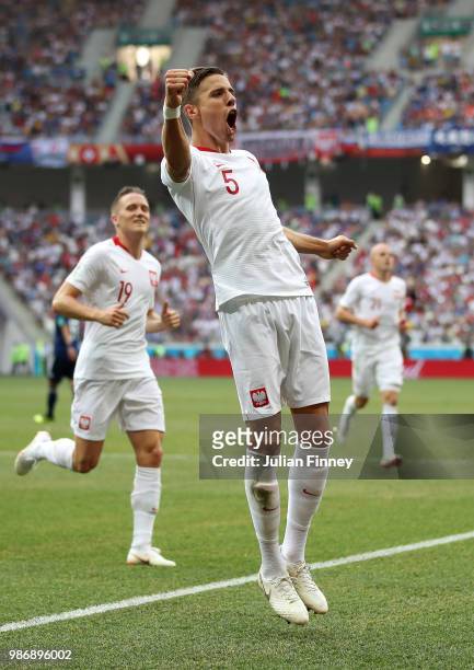 Jan Bednarek of Poland celebrates after scoring to make it 1-0 during the 2018 FIFA World Cup Russia group H match between Japan and Poland at...