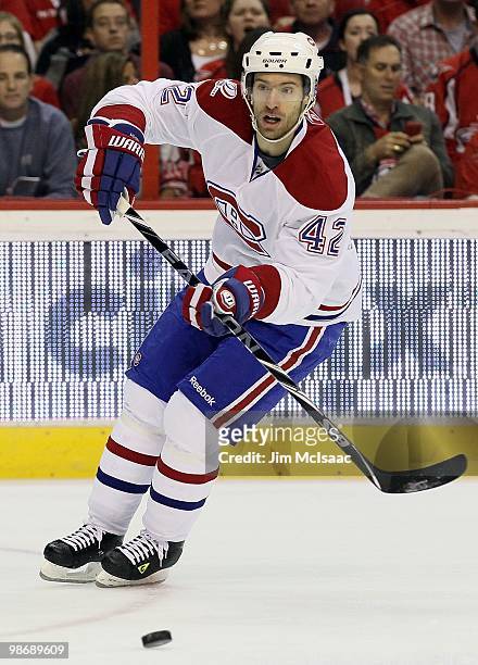 Dominic Moore of the Montreal Canadiens skates against the Washington Capitals in Game Five of the Eastern Conference Quarterfinals during the 2010...