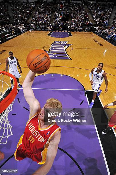 Chase Budinger of the Houston Rockets goes to the hoop during the game against the Sacramento Kings at Arco Arena on April 12, 2010 in Sacramento,...