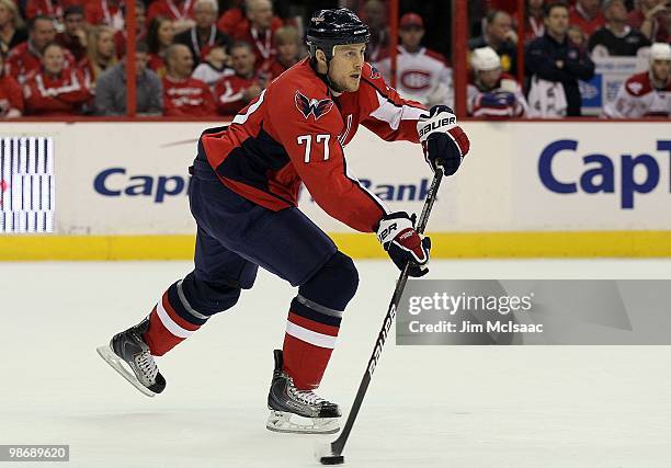 Joe Corvo of the Washington Capitals skates against the Montreal Canadiens in Game Five of the Eastern Conference Quarterfinals during the 2010 NHL...