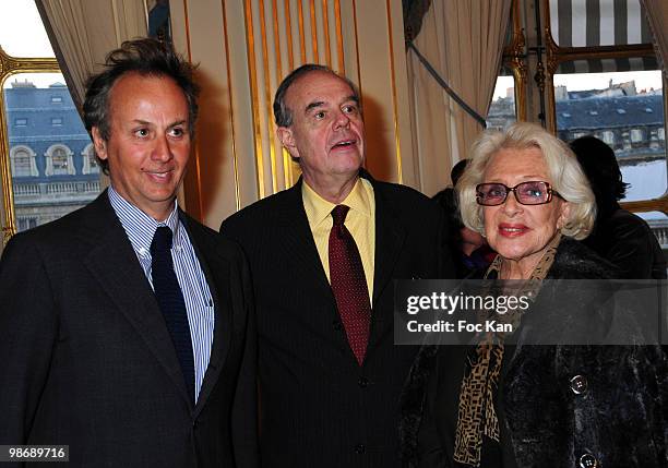 Editor Carlo Perrone, Minister of Culture Frederic Mitterrand and actress Micheline Presle attend the Charles and Marie Laure de Noailles Exhibition...