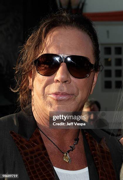 Actor Mickey Rourke arrives at the "Iron Man 2" World Premiere at El Capitan Theatre on April 26, 2010 in Hollywood, California.
