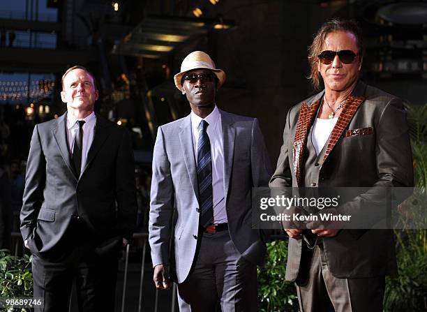 Actors Clark Gregg, Don Cheadle and Mickey Rourke arrive at the world premiere of Paramount Pictures and Marvel Entertainment's "Iron Man 2� held at...