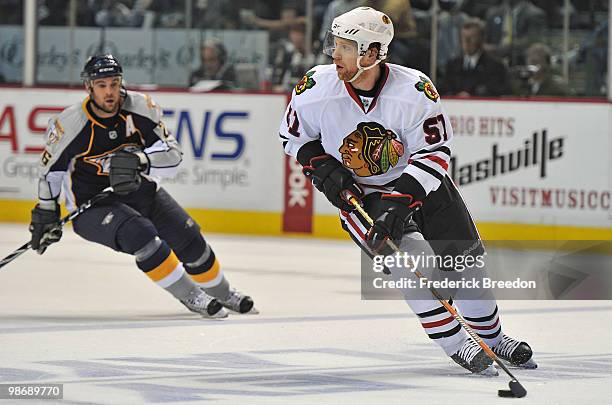 Brian Campbell of the Chicago Blackhawks skates against the Nashville Predators in Game Six of the Western Conference Quarterfinals during the 2010...