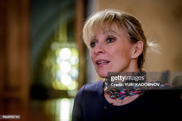 In this file photo taken on January 16, 2018 Maria Zakharova, the Russian Foreign Ministry's spokeswoman, answers questions during an interview with...