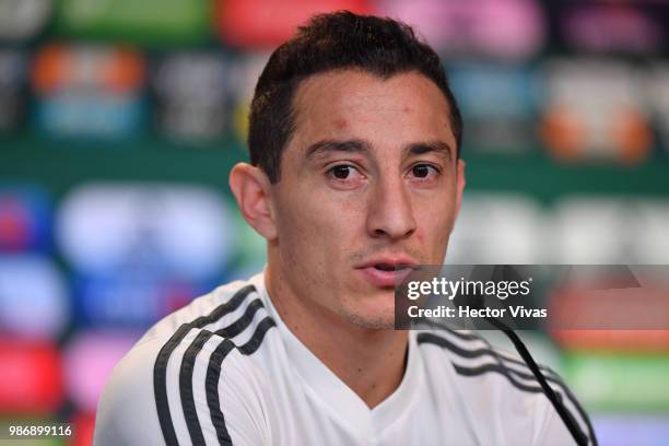 Andres Guardado of Mexico, speaks on during a press conference at Training Base Novogorsk-Dynamo, on June 29, 2018 in Moscow, Russia.
