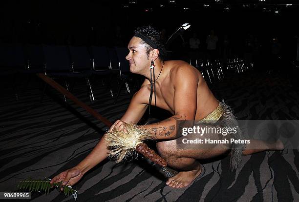 Maori warrior welcomes the official party to the unveiling of the FIFA World Cup trophy at the Sky City Convention Centre on April 27, 2010 in...