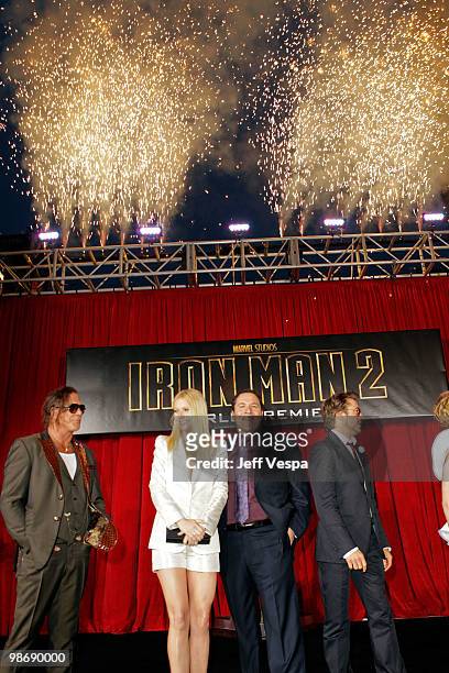 Actor Mickey Rourke, actress Gwyneth Paltrow, director and executive producer Jon Favreau and actor Robert Downy Jr. Onstage at the "Iron Man 2"...