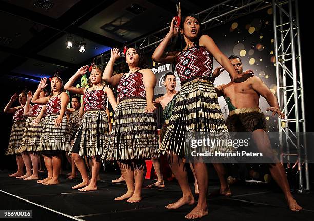 Maori welcome is performed before the unveiling of the FIFA World Cup trophy at the Sky City Convention Centre on April 27, 2010 in Auckland, New...