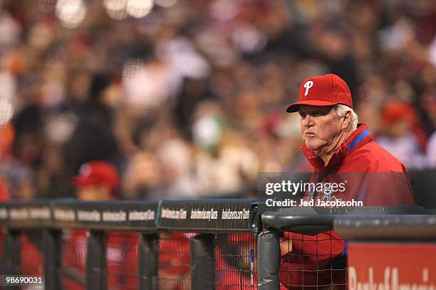 Manager Charlie Manuel of the Philadelphia Phillies looks on against the San Francisco Giants during an MLB game at AT&T Park on April 26, 2010 in...