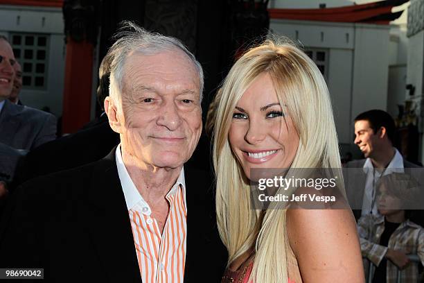 Hugh Hefner and Crystal Harris arrive at the "Iron Man 2" World Premiere at El Capitan Theatre on April 26, 2010 in Hollywood, California.