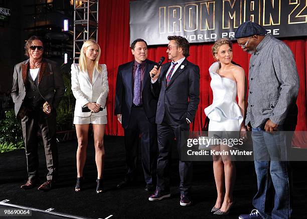 Actors Mickey Rourke, Gwyneth Paltrow, director/executive producer Jon Favreau, actor Robert Downey Jr., actress Scarlett Johansson and actor Samuel...