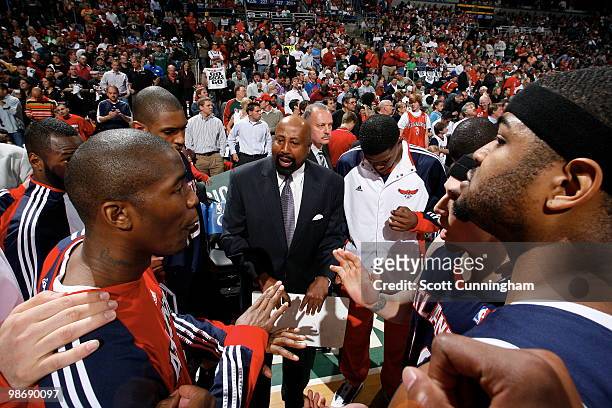 Head Coach Mike Woodson of the Atlanta Hawks speaks to his team against the Milwaukee Bucks in Game Four of the Eastern Conference Quarterfinals...
