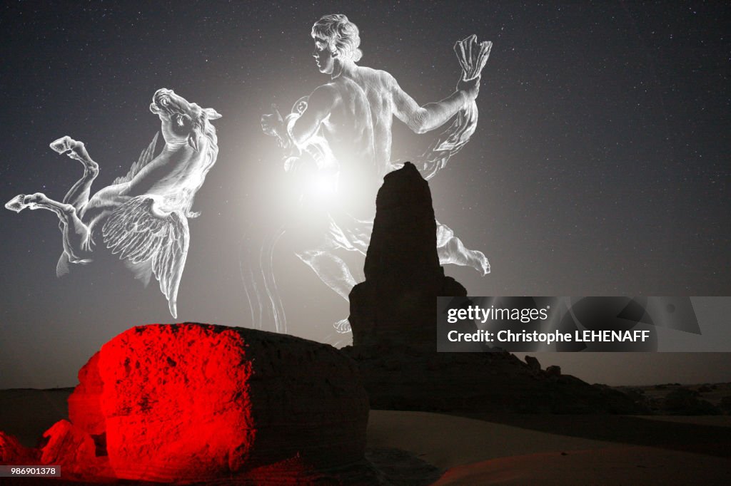 Egypt, White Desert, calcareous concretion called The finger, stars and the Moon in background. The constellations of PEGASUS and Aquarius rise with the Moon.