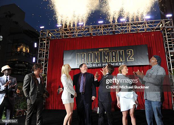 Actors Don Cheadle, Mickey Rourke, actress Gwenyth Paltrow, Director/Executive Producer Jon Favreau, actor Robert Downey Jr., actress Scarlett...