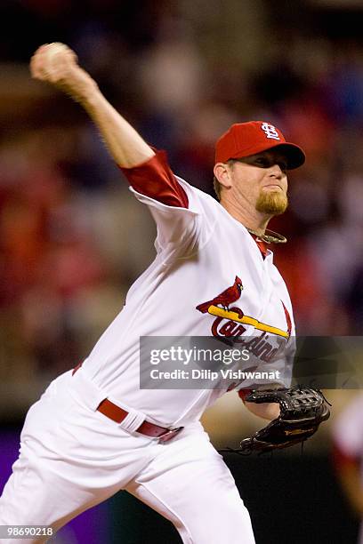 Relief pitcher Ryan Franklin of the St. Louis Cardinals throws against the Atlanta Braves at Busch Stadium on April 26, 2010 in St. Louis, Missouri....