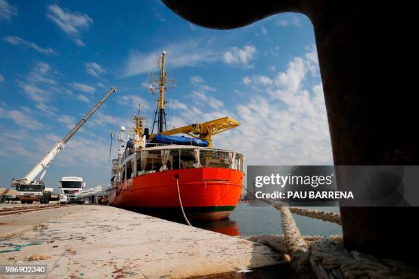 This picture taken on June 29, 2018 shows the Aquarius rescue vessel, chartered by French NGO SOS-Mediterranee and Doctors Without Borders at the...