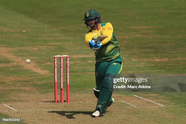 Chloe Tyron of South Africa bats during the South Africa Women vs New Zealand Women International T20 Tri-Series at The Brightside Ground on June 28,...