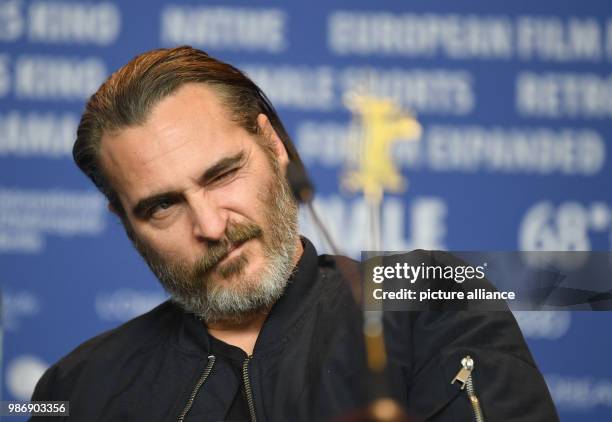 February 2018, Germany, Berlin, Berlinale, press conference, 'Don't Worry, He Won't Get Far on Foot': Actors Joaquin Phoenix and Udo Kier. The film...