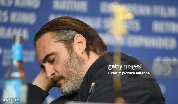 February 2018, Germany, Berlin, Berlinale, press conference, 'Don't Worry, He Won't Get Far on Foot': Actors Joaquin Phoenix and Udo Kier. The film...