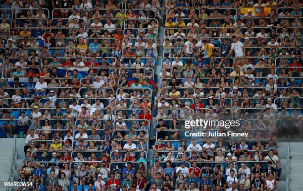 Fans watch on during the 2018 FIFA World Cup Russia group H match between Japan and Poland at Volgograd Arena on June 28, 2018 in Volgograd, Russia.