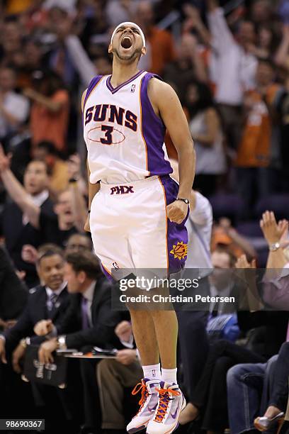 Jared Dudley of the Phoenix Suns reacts after hitting a three point shot against the Portland Trail Blazers during Game Five of the Western...