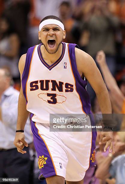 Jared Dudley of the Phoenix Suns reacts after hitting a three point shot against the Portland Trail Blazers during Game Five of the Western...
