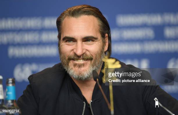 February 2018, Germany, Berlin, Berlinale, press conference, 'Don't Worry, He Won't Get Far on Foot': Actors Joaquin Phoenix and Udo Kier. The film...