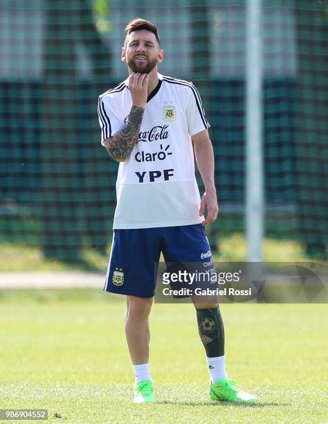 Lionel Messi of Argentina gestures during a training session at Stadium of Syroyezhkin sports school on June 28, 2018 in Bronnitsy, Russia.