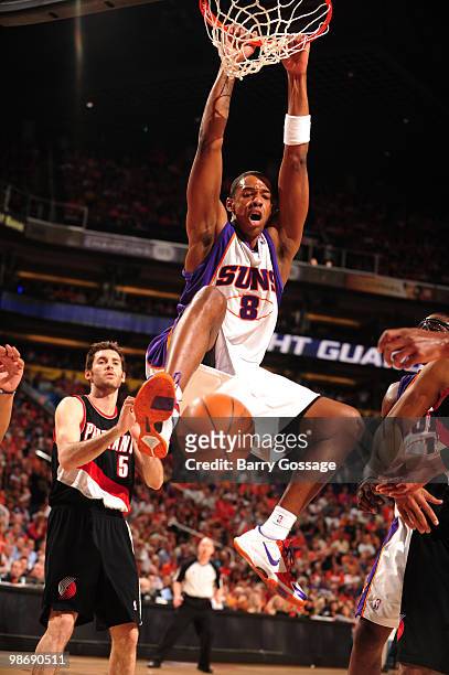 Channing Frye of the Phoenix Suns dunks against the Portland Trail Blazers in Game Five of the Western Conference Quarterfinals during the 2010 NBA...